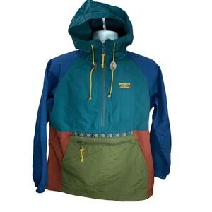 L.L.Bean Colorblock Pullover Jacket Small Petite Blue Green Rust Drawstring Hood